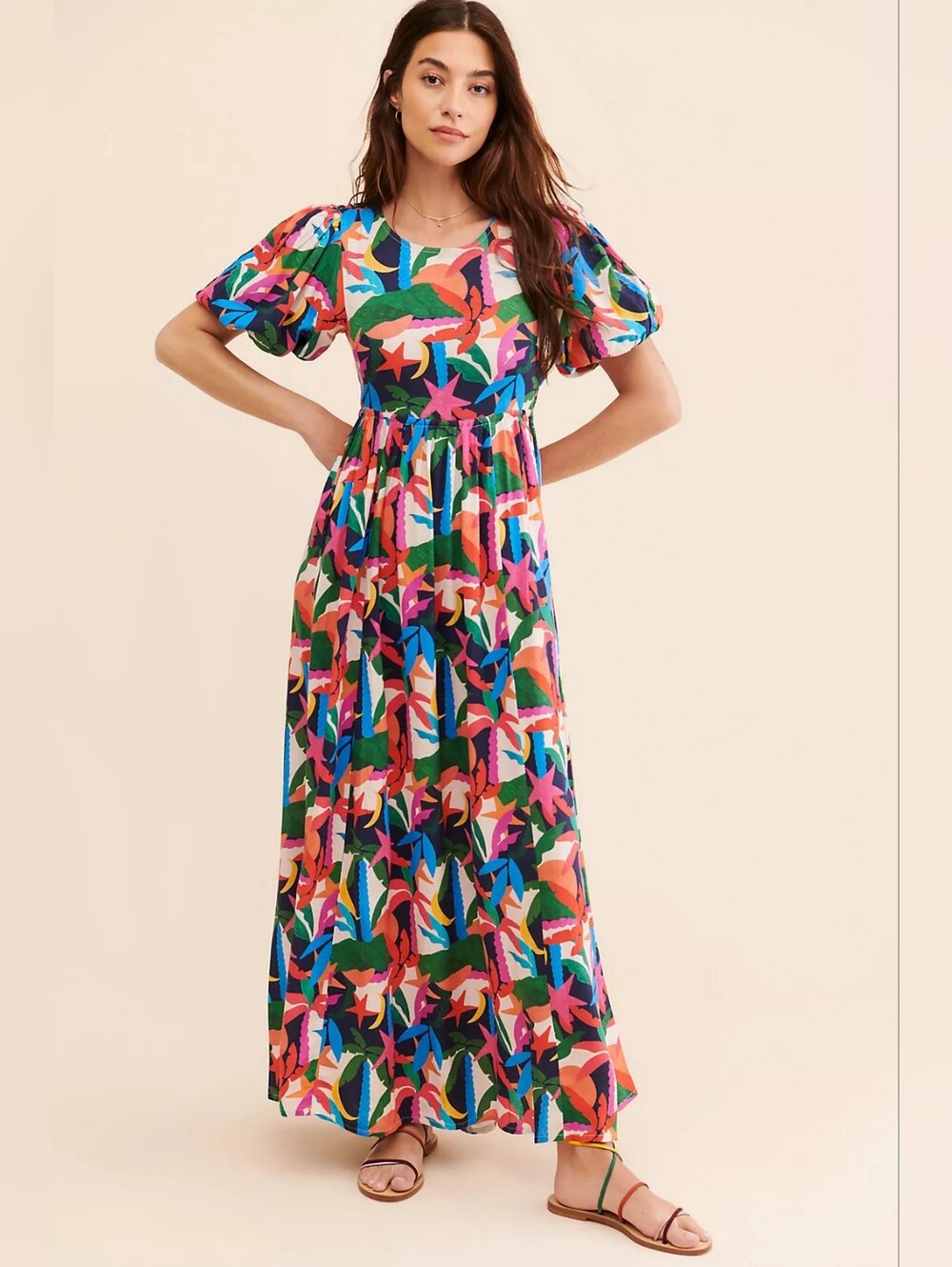 Anthropolie BEACH RIOT Weston Tropical Print Puff-Sleeve Maxi Dress Sz L